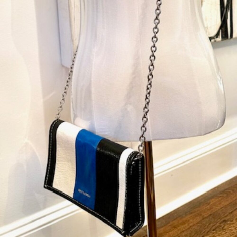 BALENCIAGA BAZAR Stripe Crossbody Shoulder Bag on Chain Blue Black White Leather - Picture 14 of 16